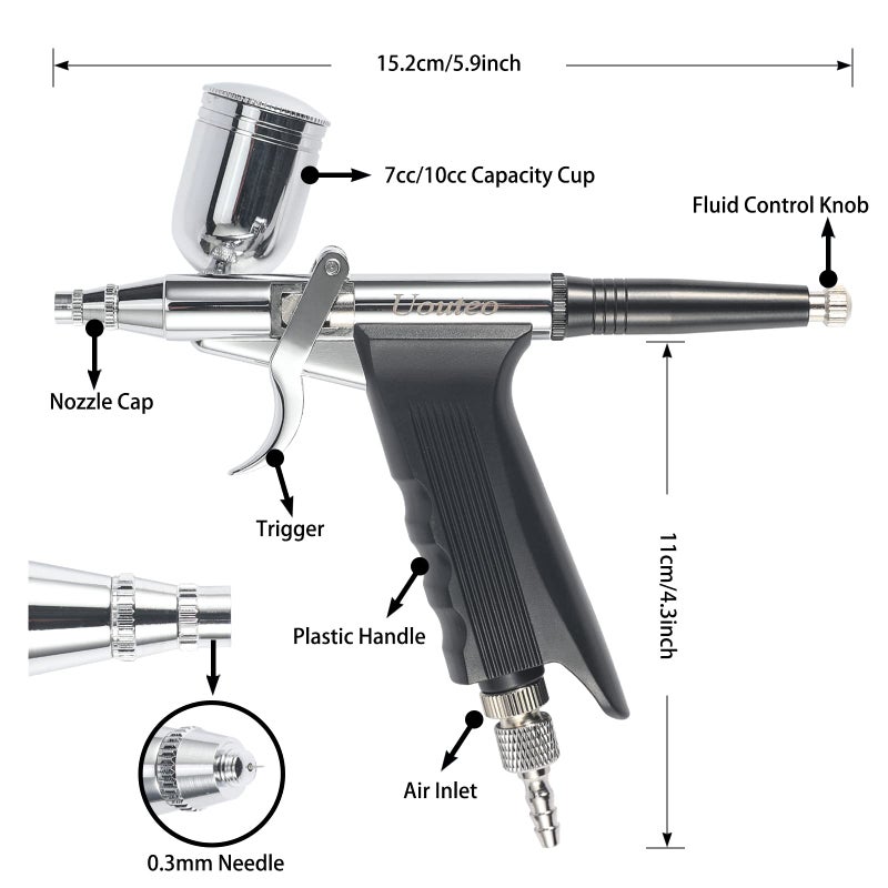 Uouteo Airbrush Trigger Gun Air Brush Gun with 0.3 mm Needles 7CC &10 CC Cup for Painting - Image 2